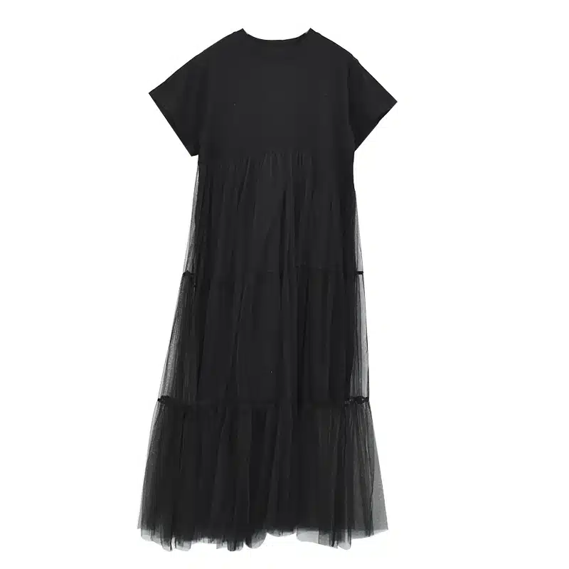 LANMREM Summer New Fashion 2019 Large Size Black Stitching Net Yarn Round Collar Short Sleeve Size Loose Dress Women 3361.5XL 15