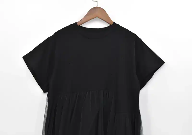 LANMREM Summer New Fashion 2019 Large Size Black Stitching Net Yarn Round Collar Short Sleeve Size Loose Dress Women 3361.5XL 17