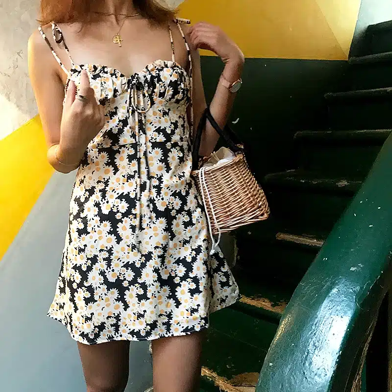 2019 Summer Beach Dress Elegant Vintage Kwaii Yellow Floral Tunic Cami Dress Boho Casual Sundress backless Mini Dress Bohemian 8