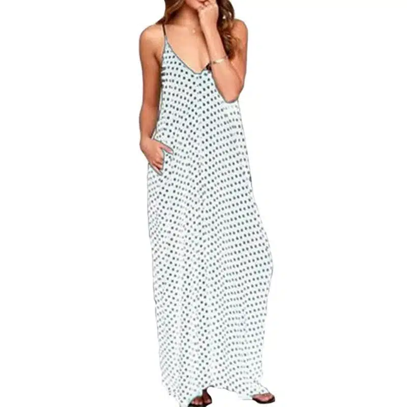 2019 Women Polka Dot Print V Neck Sleeveless Sundress Loose Maxi Long Beach Bohemian Vintage Dress S to 5XL Summer Dress 13