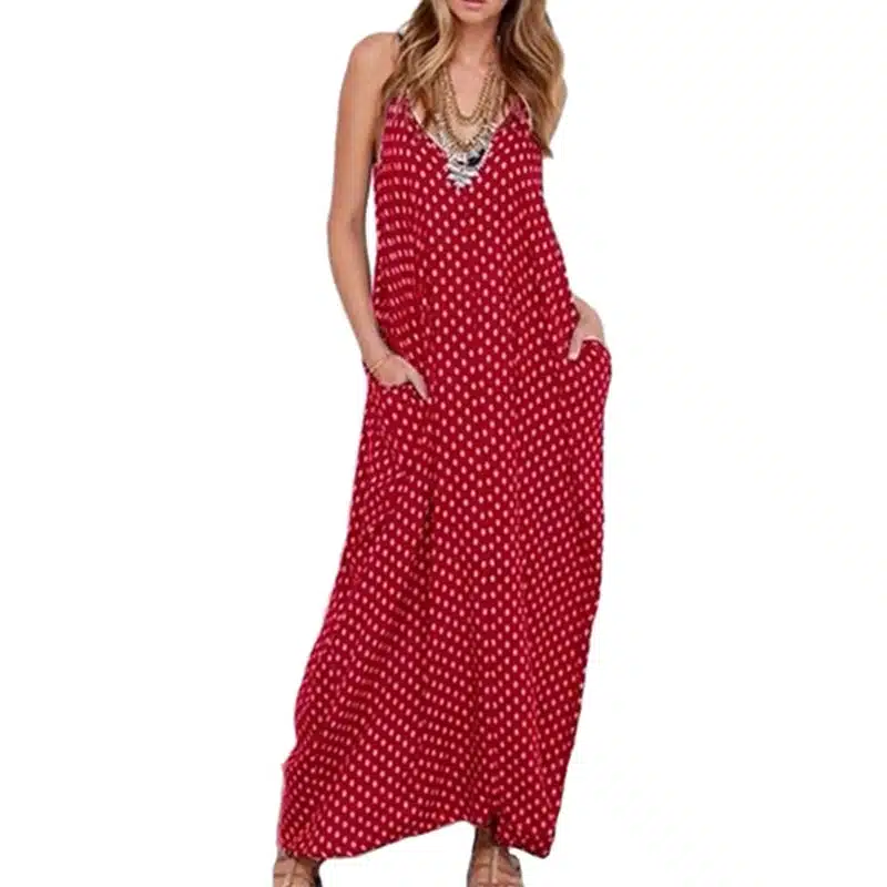 2019 Women Polka Dot Print V Neck Sleeveless Sundress Loose Maxi Long Beach Bohemian Vintage Dress S to 5XL Summer Dress 14