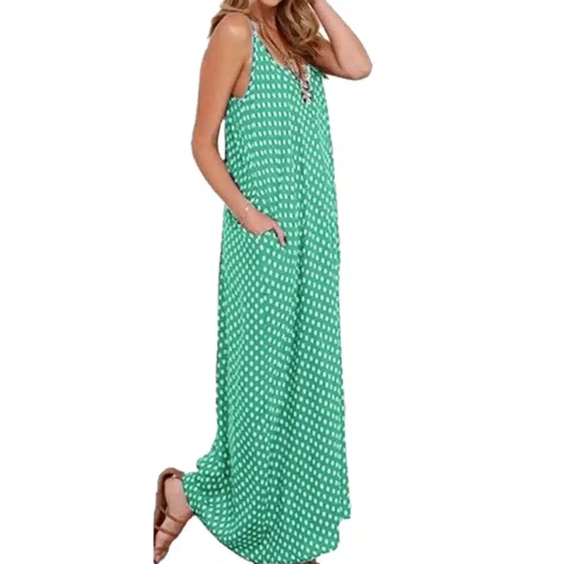 2019 Women Polka Dot Print V Neck Sleeveless Sundress Loose Maxi Long Beach Bohemian Vintage Dress S to 5XL Summer Dress 15