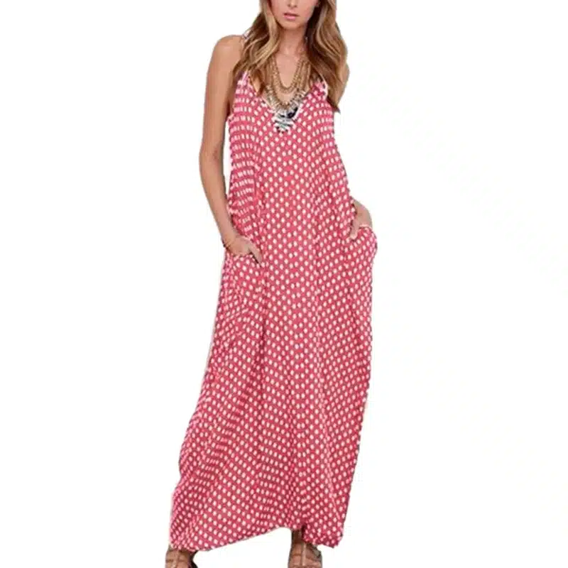 2019 Women Polka Dot Print V Neck Sleeveless Sundress Loose Maxi Long Beach Bohemian Vintage Dress S to 5XL Summer Dress 16