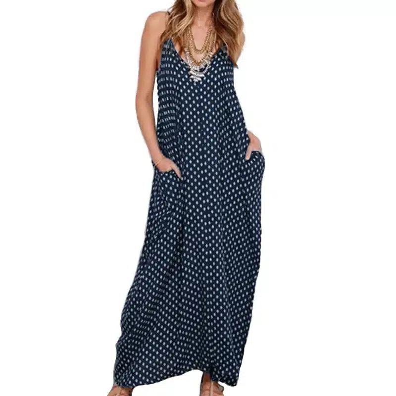 2019 Women Polka Dot Print V Neck Sleeveless Sundress Loose Maxi Long Beach Bohemian Vintage Dress S to 5XL Summer Dress 17