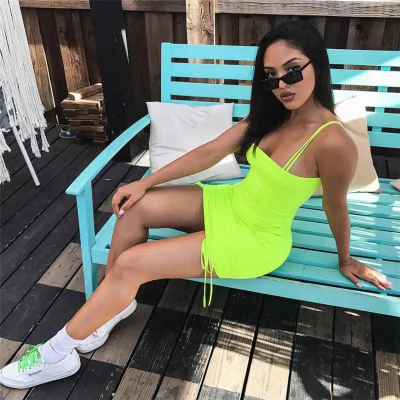 ANJAMANOR Neon Pleated Bandage Sexy Dress Club Wear Summer 2019 Streetwear Women Spaghetti Strap Mini Bodycon Dresses D71I85 13