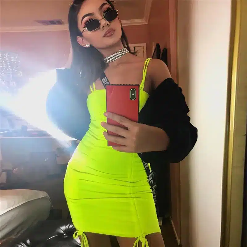 ANJAMANOR Neon Pleated Bandage Sexy Dress Club Wear Summer 2019 Streetwear Women Spaghetti Strap Mini Bodycon Dresses D71I85 17
