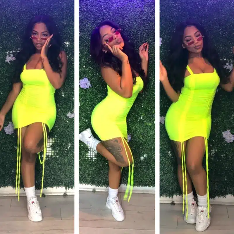 ANJAMANOR Neon Pleated Bandage Sexy Dress Club Wear Summer 2019 Streetwear Women Spaghetti Strap Mini Bodycon Dresses D71I85 23