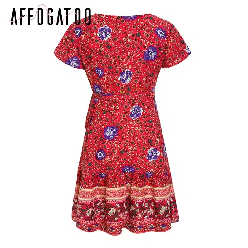 Affogatoo Bohemian floral women mini dress V neck wrap sash print ruffle dresse femme Summer elegant holiday beach sundress 2019 16