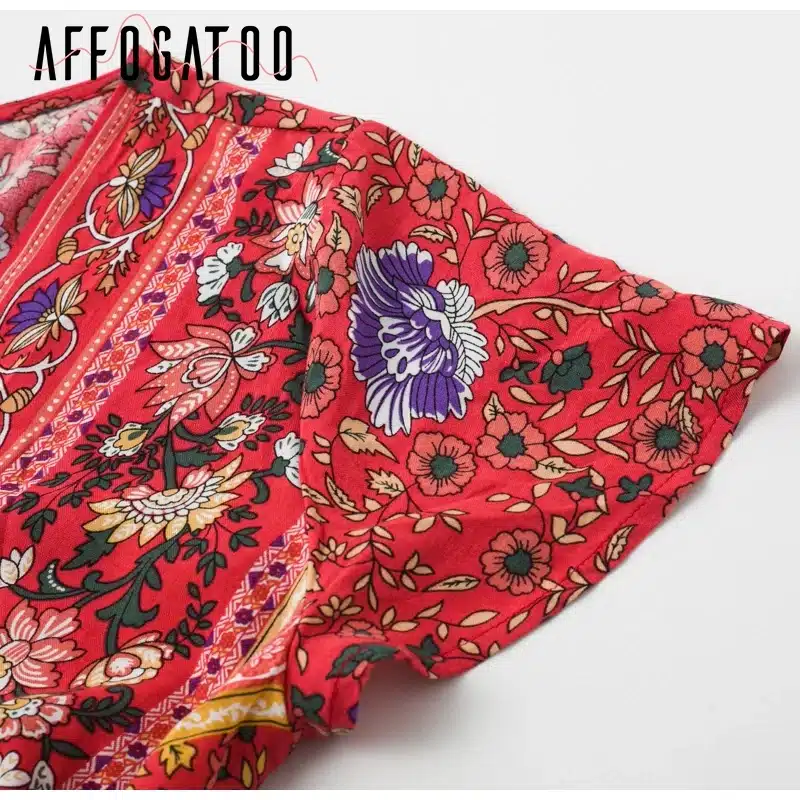 Affogatoo Bohemian floral women mini dress V neck wrap sash print ruffle dresse femme Summer elegant holiday beach sundress 2019 17