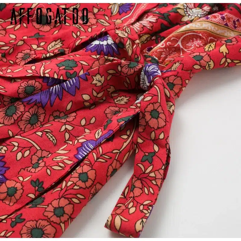 Affogatoo Bohemian floral women mini dress V neck wrap sash print ruffle dresse femme Summer elegant holiday beach sundress 2019 18