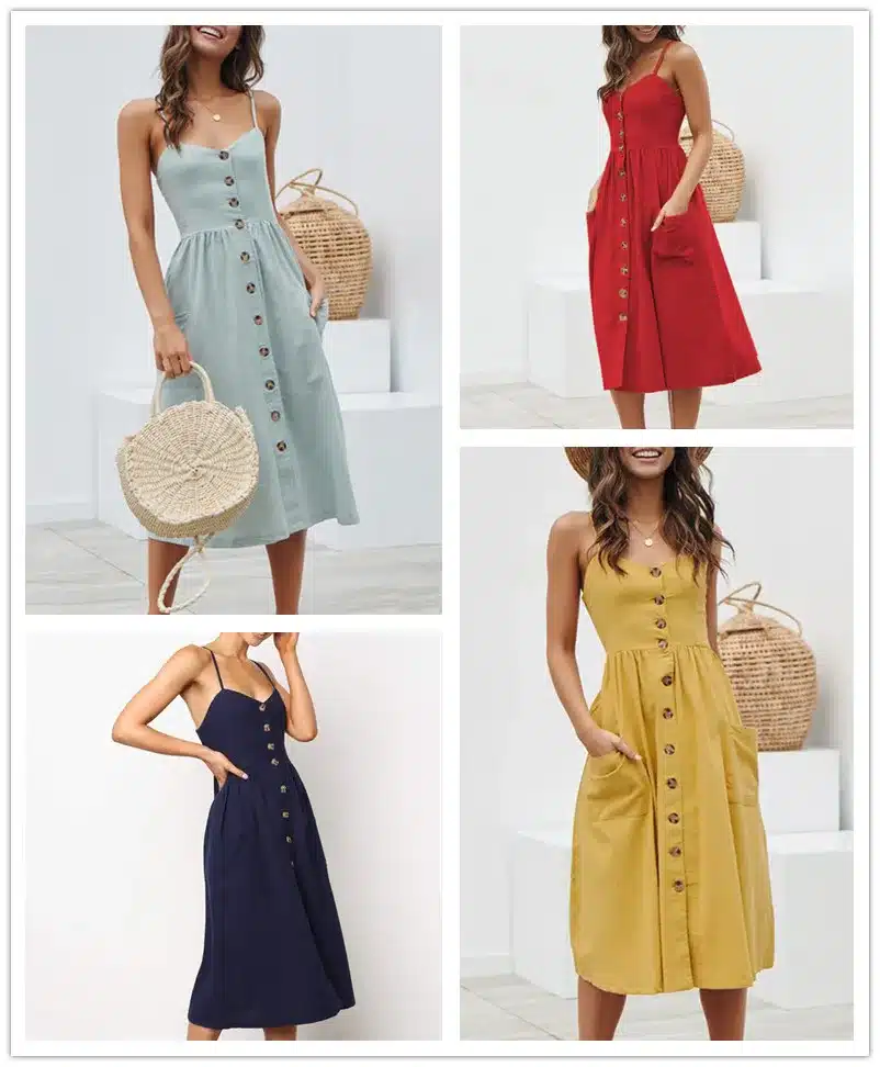 VIEUNSTA Leopard Floral Printed Strap Dress Summer 2019 Women V-neck Button Midi Party Dress Elegant Sleeveless Pockets Sundress 11