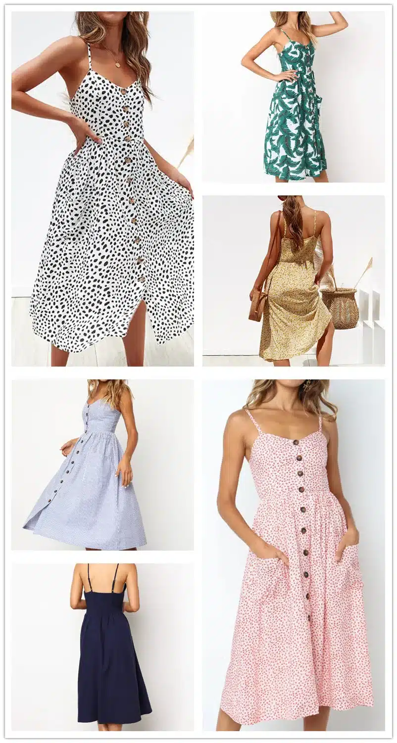 VIEUNSTA Leopard Floral Printed Strap Dress Summer 2019 Women V-neck Button Midi Party Dress Elegant Sleeveless Pockets Sundress 12