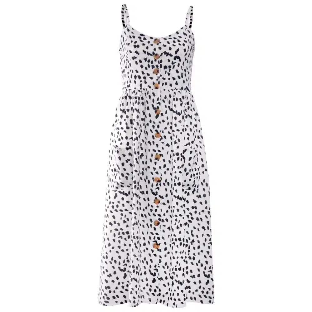 VIEUNSTA Leopard Floral Printed Strap Dress Summer 2019 Women V-neck Button Midi Party Dress Elegant Sleeveless Pockets Sundress 14
