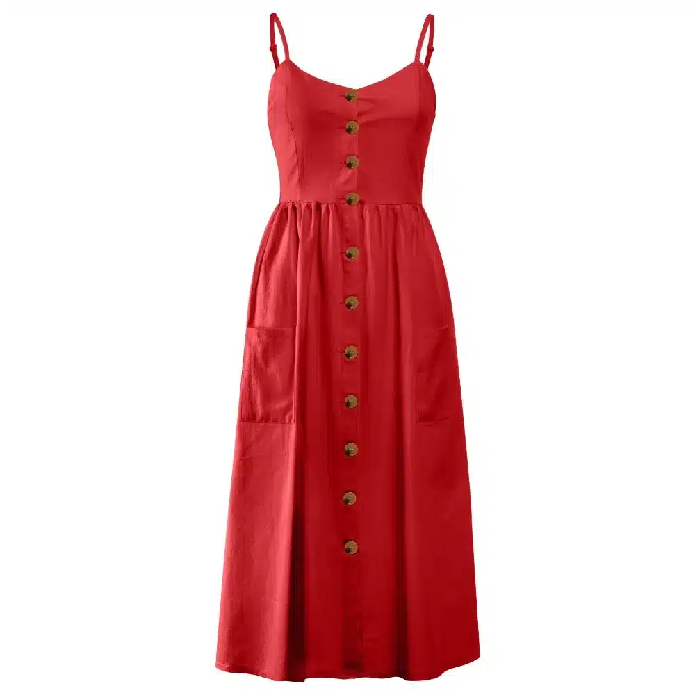VIEUNSTA Leopard Floral Printed Strap Dress Summer 2019 Women V-neck Button Midi Party Dress Elegant Sleeveless Pockets Sundress 18