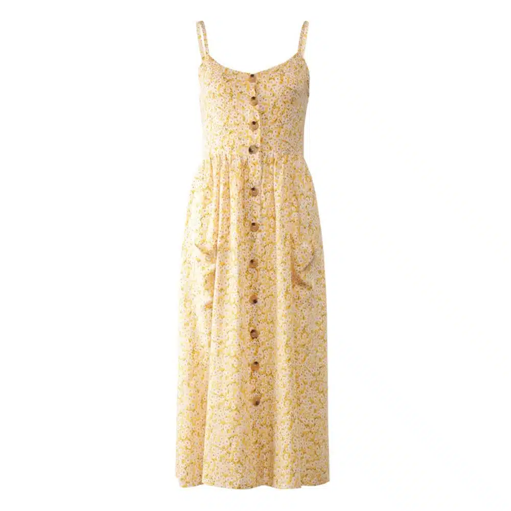 VIEUNSTA Leopard Floral Printed Strap Dress Summer 2019 Women V-neck Button Midi Party Dress Elegant Sleeveless Pockets Sundress 20