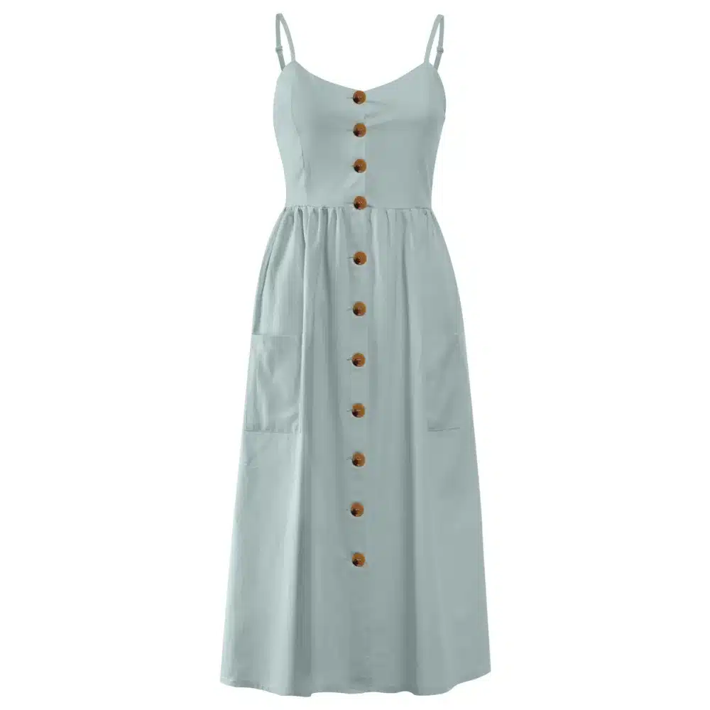 VIEUNSTA Leopard Floral Printed Strap Dress Summer 2019 Women V-neck Button Midi Party Dress Elegant Sleeveless Pockets Sundress 22