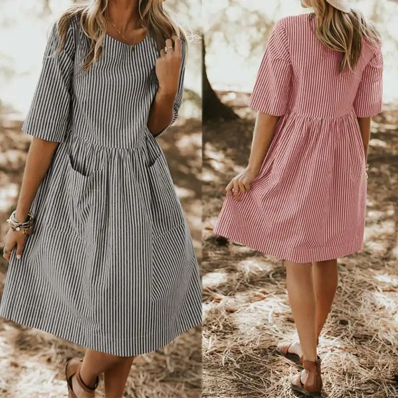 Summer Striped Dress Women Vintage Half Sleeve Pockets Dresses ZANZEA 2019 Plus Size Casual Baggy Sundress Female Vestido Robe 13