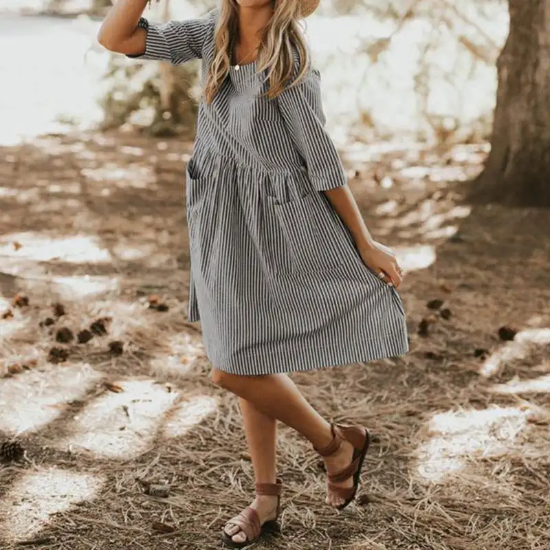 Summer Striped Dress Women Vintage Half Sleeve Pockets Dresses ZANZEA 2019 Plus Size Casual Baggy Sundress Female Vestido Robe 19