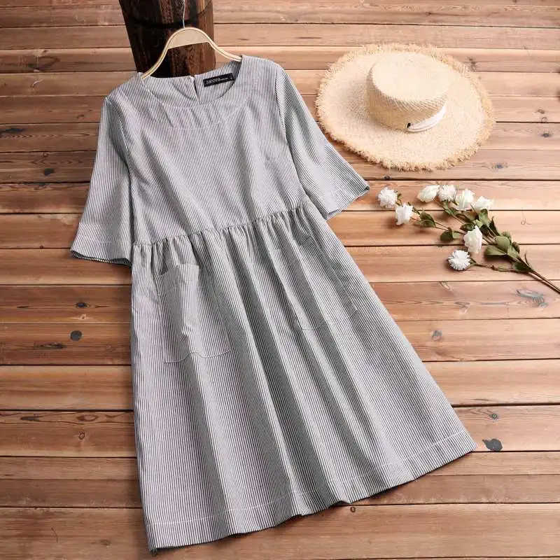 Summer Striped Dress Women Vintage Half Sleeve Pockets Dresses ZANZEA 2019 Plus Size Casual Baggy Sundress Female Vestido Robe 20