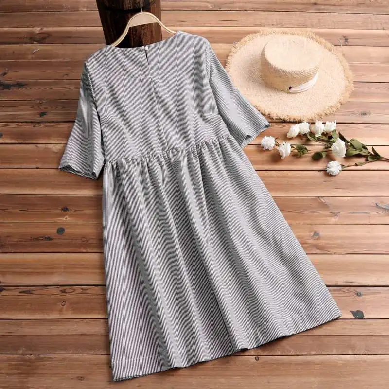 Summer Striped Dress Women Vintage Half Sleeve Pockets Dresses ZANZEA 2019 Plus Size Casual Baggy Sundress Female Vestido Robe 21