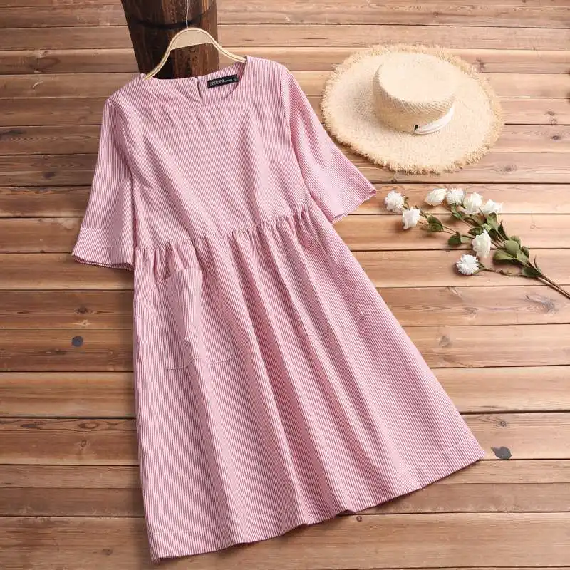 Summer Striped Dress Women Vintage Half Sleeve Pockets Dresses ZANZEA 2019 Plus Size Casual Baggy Sundress Female Vestido Robe 22