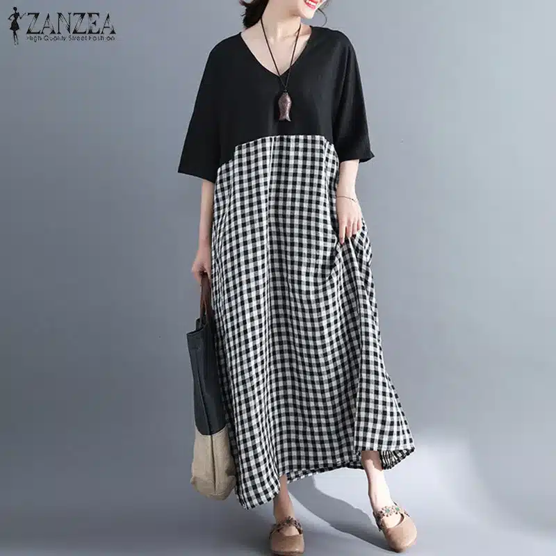 ZANZEA Dress for Women 2019 Summer Sundress Short Sleeve V Neck Patchwork Plaid Long Shirt Dresses Maxi Vestidos Robe Plus Size 12