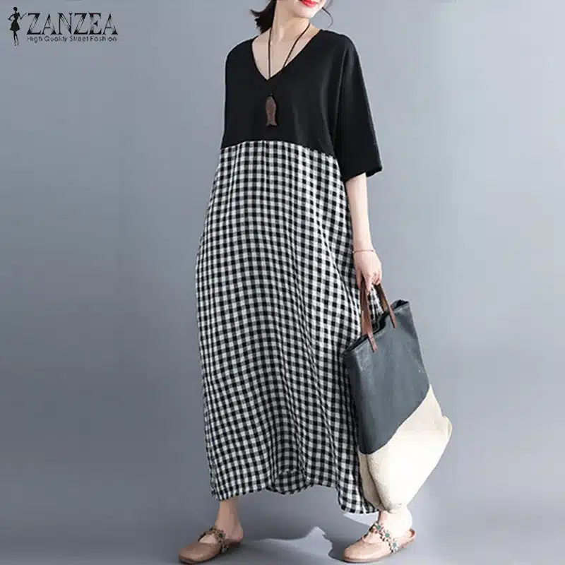 ZANZEA Dress for Women 2019 Summer Sundress Short Sleeve V Neck Patchwork Plaid Long Shirt Dresses Maxi Vestidos Robe Plus Size 13