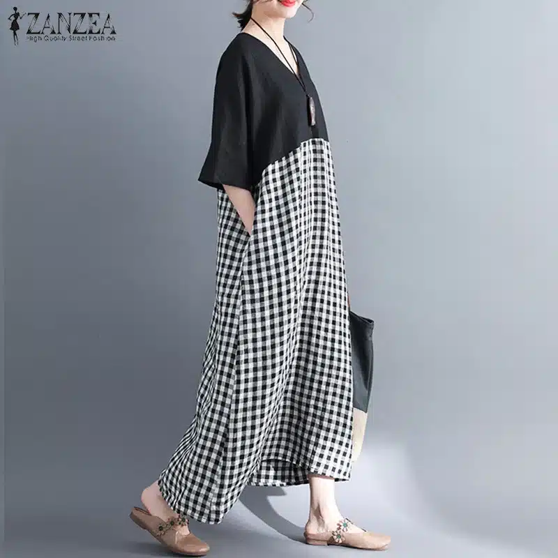 ZANZEA Dress for Women 2019 Summer Sundress Short Sleeve V Neck Patchwork Plaid Long Shirt Dresses Maxi Vestidos Robe Plus Size 14