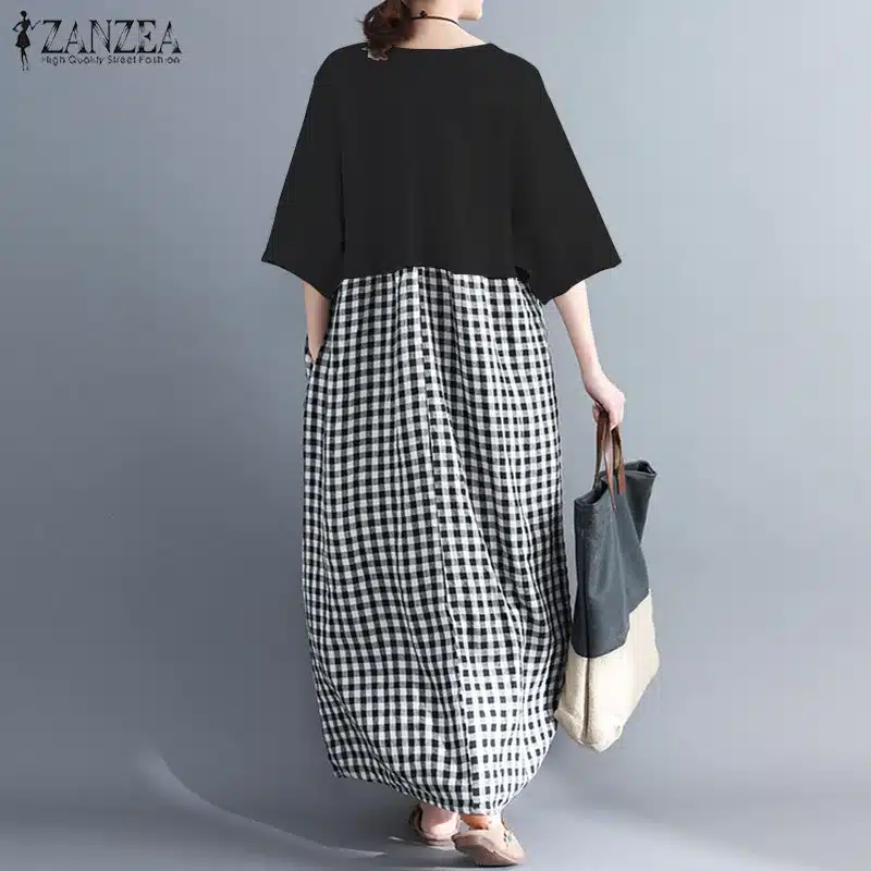 ZANZEA Dress for Women 2019 Summer Sundress Short Sleeve V Neck Patchwork Plaid Long Shirt Dresses Maxi Vestidos Robe Plus Size 15
