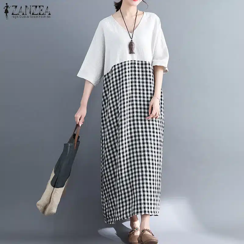 ZANZEA Dress for Women 2019 Summer Sundress Short Sleeve V Neck Patchwork Plaid Long Shirt Dresses Maxi Vestidos Robe Plus Size 16