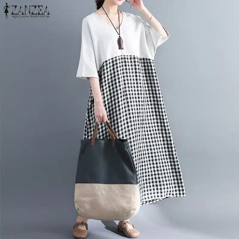 ZANZEA Dress for Women 2019 Summer Sundress Short Sleeve V Neck Patchwork Plaid Long Shirt Dresses Maxi Vestidos Robe Plus Size 17