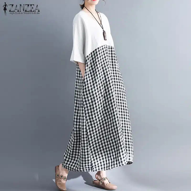 ZANZEA Dress for Women 2019 Summer Sundress Short Sleeve V Neck Patchwork Plaid Long Shirt Dresses Maxi Vestidos Robe Plus Size 18