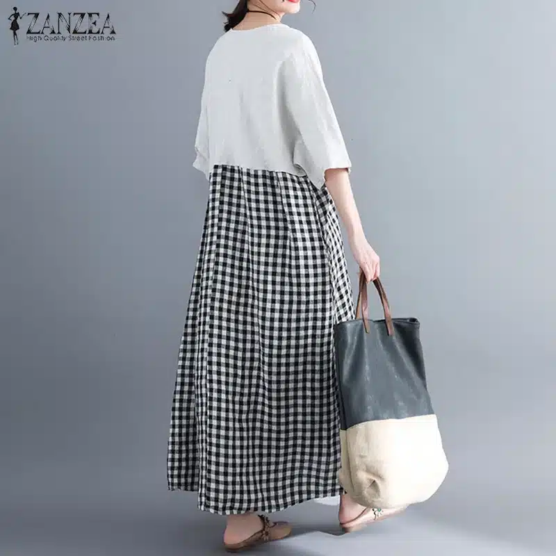 ZANZEA Dress for Women 2019 Summer Sundress Short Sleeve V Neck Patchwork Plaid Long Shirt Dresses Maxi Vestidos Robe Plus Size 19