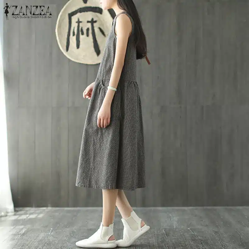 2019 Oversized ZANZEA Women Sleeveless Summer Party Long Vest Tank Vestido Casual O Neck Check Plaid Cotton Linen Pleated Dress 7