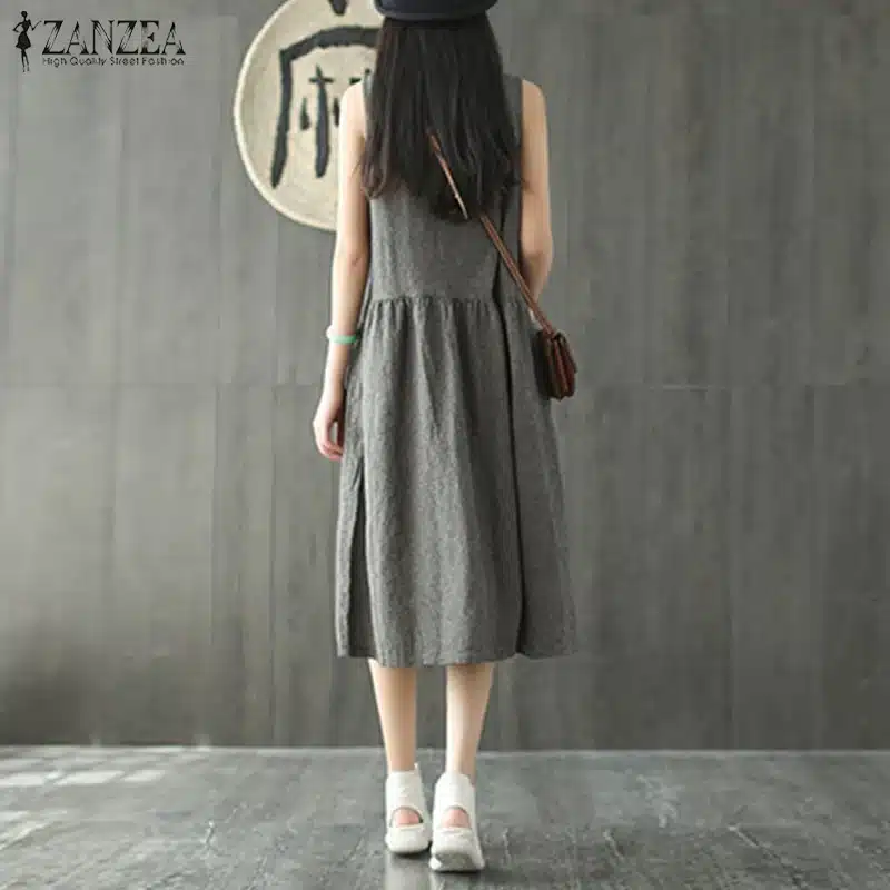 2019 Oversized ZANZEA Women Sleeveless Summer Party Long Vest Tank Vestido Casual O Neck Check Plaid Cotton Linen Pleated Dress 8