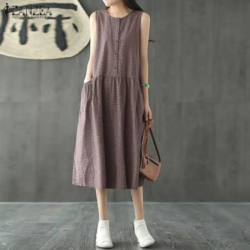 2019 Oversized ZANZEA Women Sleeveless Summer Party Long Vest Tank Vestido Casual O Neck Check Plaid Cotton Linen Pleated Dress 9