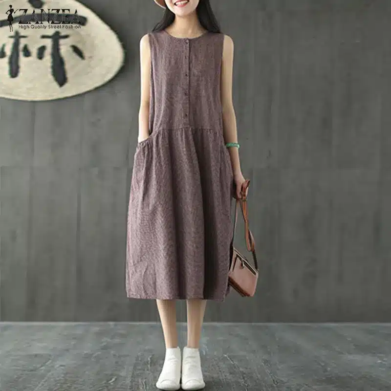 2019 Oversized ZANZEA Women Sleeveless Summer Party Long Vest Tank Vestido Casual O Neck Check Plaid Cotton Linen Pleated Dress 10