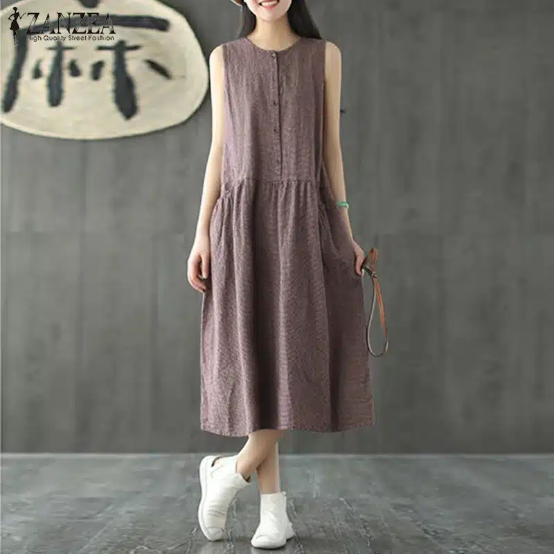 2019 Oversized ZANZEA Women Sleeveless Summer Party Long Vest Tank Vestido Casual O Neck Check Plaid Cotton Linen Pleated Dress 11