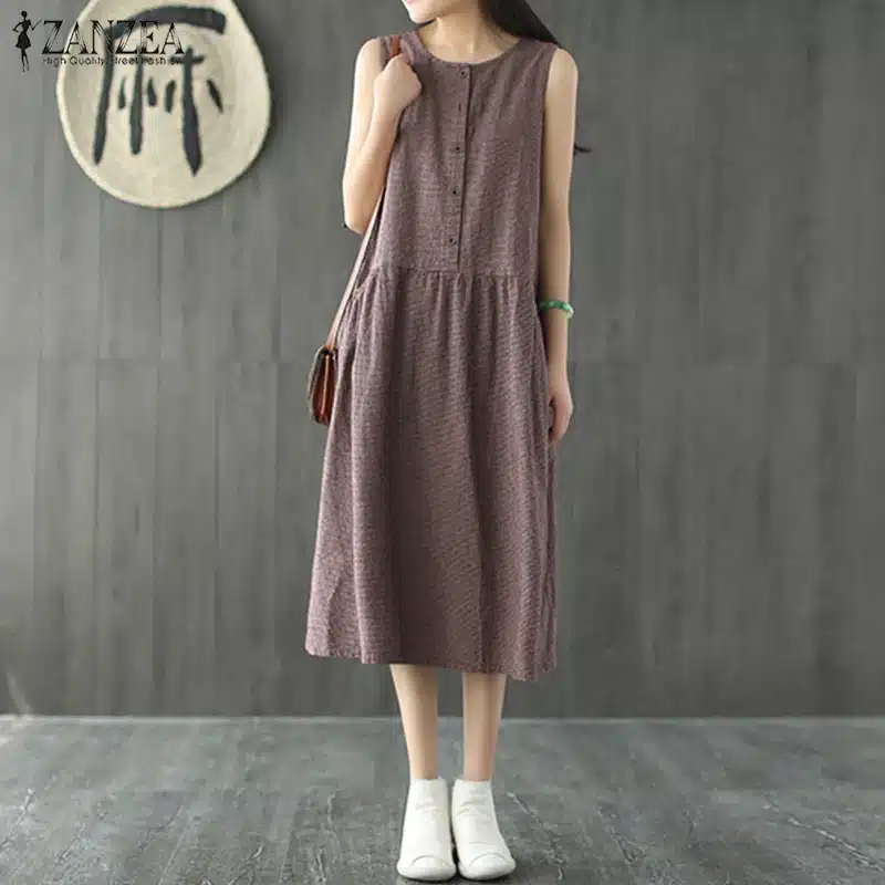 2019 Oversized ZANZEA Women Sleeveless Summer Party Long Vest Tank Vestido Casual O Neck Check Plaid Cotton Linen Pleated Dress 12