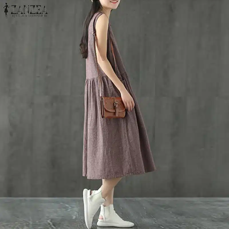 2019 Oversized ZANZEA Women Sleeveless Summer Party Long Vest Tank Vestido Casual O Neck Check Plaid Cotton Linen Pleated Dress 14