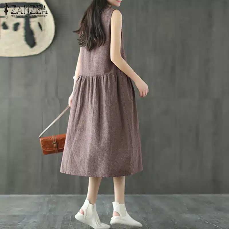 2019 Oversized ZANZEA Women Sleeveless Summer Party Long Vest Tank Vestido Casual O Neck Check Plaid Cotton Linen Pleated Dress 15