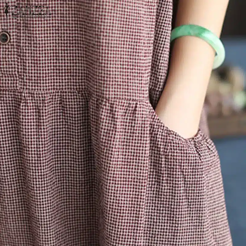 2019 Oversized ZANZEA Women Sleeveless Summer Party Long Vest Tank Vestido Casual O Neck Check Plaid Cotton Linen Pleated Dress 18