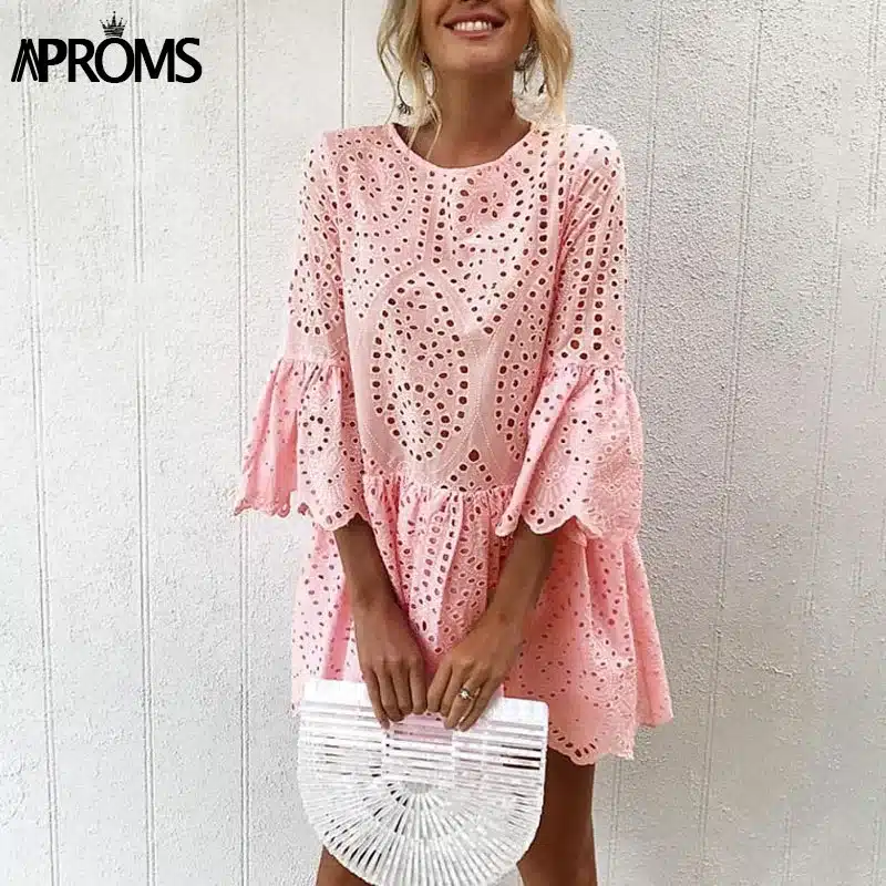 Aproms Elegant White Crochet Lace Dress Women 2019 Summer 3/4 Sleeve Casual Tunic Dress Beach Loose Short Dress Vestidos 13