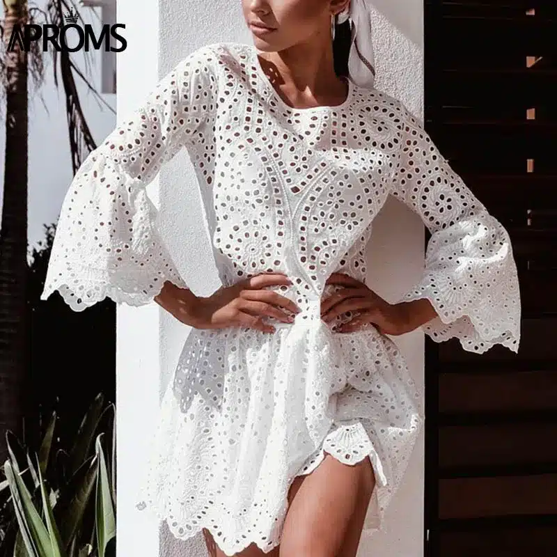 Aproms Elegant White Crochet Lace Dress Women 2019 Summer 3/4 Sleeve Casual Tunic Dress Beach Loose Short Dress Vestidos 15