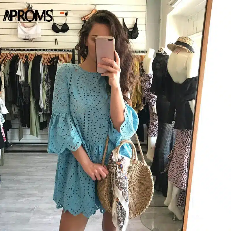 Aproms Elegant White Crochet Lace Dress Women 2019 Summer 3/4 Sleeve Casual Tunic Dress Beach Loose Short Dress Vestidos 16