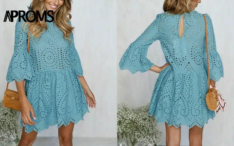 Aproms Elegant White Crochet Lace Dress Women 2019 Summer 3/4 Sleeve Casual Tunic Dress Beach Loose Short Dress Vestidos 17
