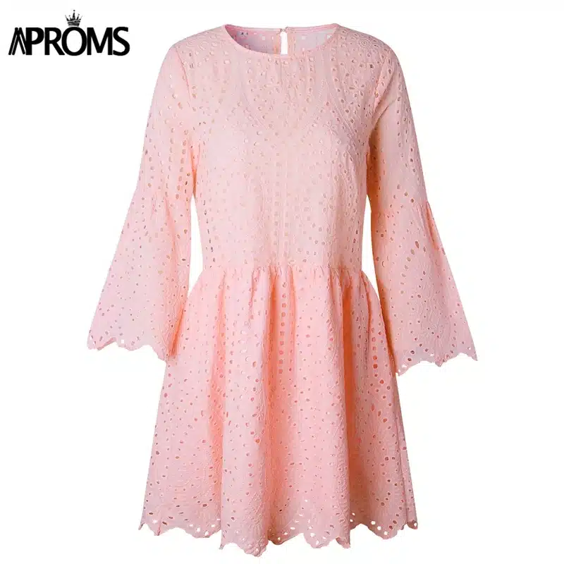 Aproms Elegant White Crochet Lace Dress Women 2019 Summer 3/4 Sleeve Casual Tunic Dress Beach Loose Short Dress Vestidos 19