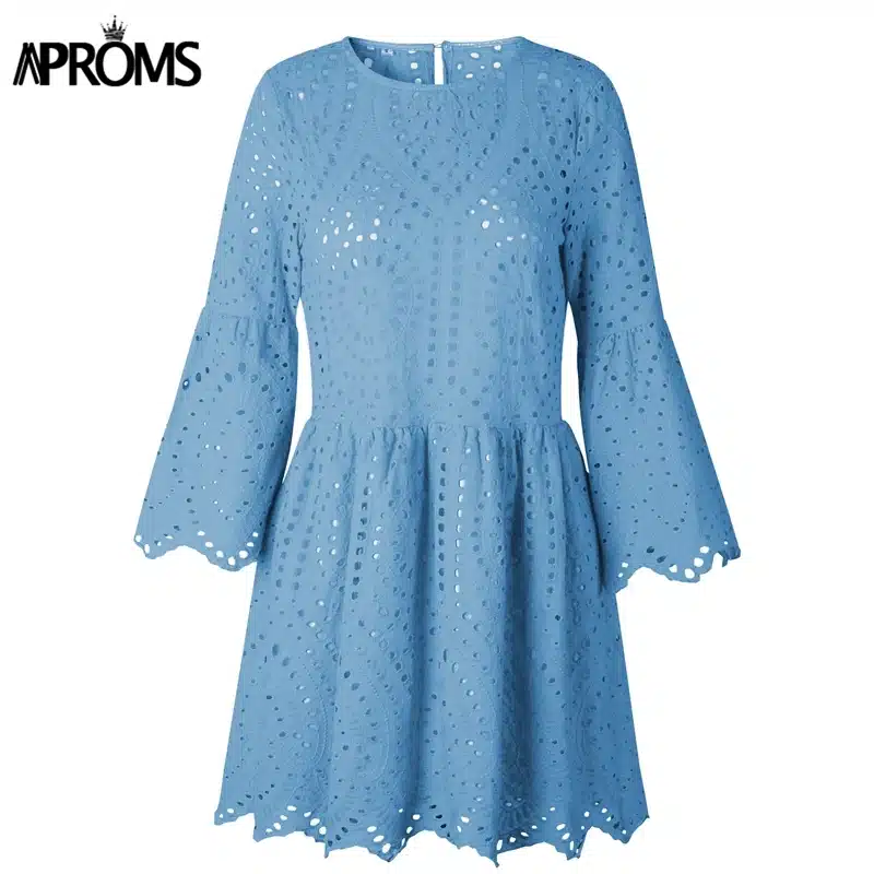 Aproms Elegant White Crochet Lace Dress Women 2019 Summer 3/4 Sleeve Casual Tunic Dress Beach Loose Short Dress Vestidos 22