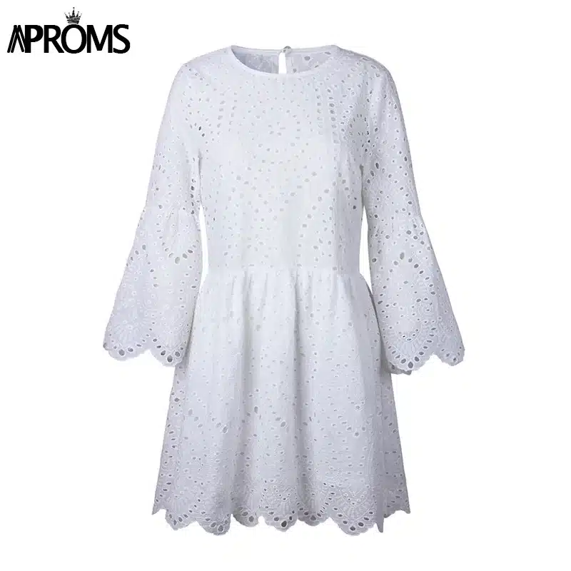 Aproms Elegant White Crochet Lace Dress Women 2019 Summer 3/4 Sleeve Casual Tunic Dress Beach Loose Short Dress Vestidos 25