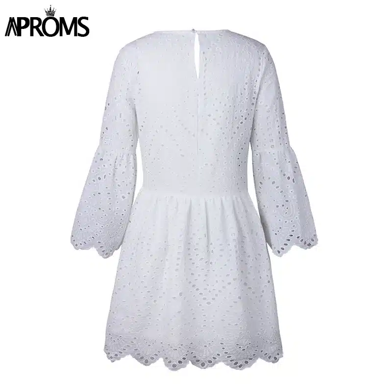 Aproms Elegant White Crochet Lace Dress Women 2019 Summer 3/4 Sleeve Casual Tunic Dress Beach Loose Short Dress Vestidos 26